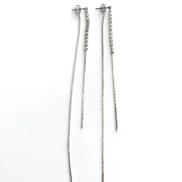 Dramatic Silver Rhinestone Chain Drop Statement Threader Dangle Earrings - Picture 1 of 4